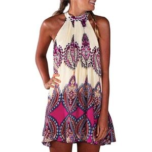 NWOT Sleeveless Flower Chiffon Casual Beach Dress-PINK